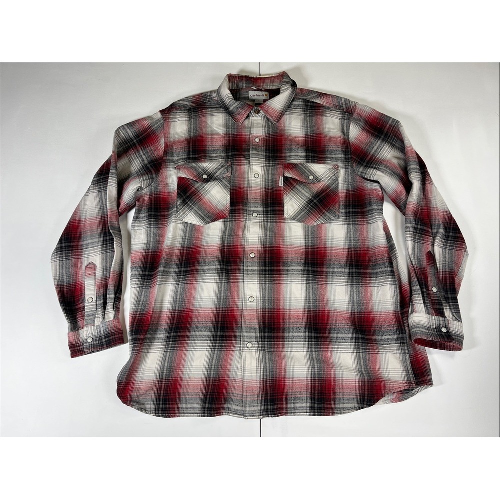 Carhartt Relaxed Fit Plaid Pearl Snap Flannel Shirt Red Black Grey Men's XL